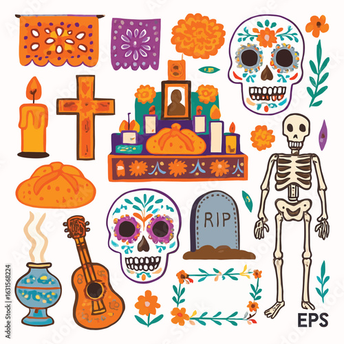 Festive Dia de Muertos icon set celebrating Mexican culture, remembrance, and ancestral tradition with color.