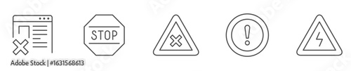 Warning icons set. Collection of linear simple web icons such as Exclamation Mark, Warning Sign, Security, Error, Attack, Stop, Notification and others. Editable vector stroke