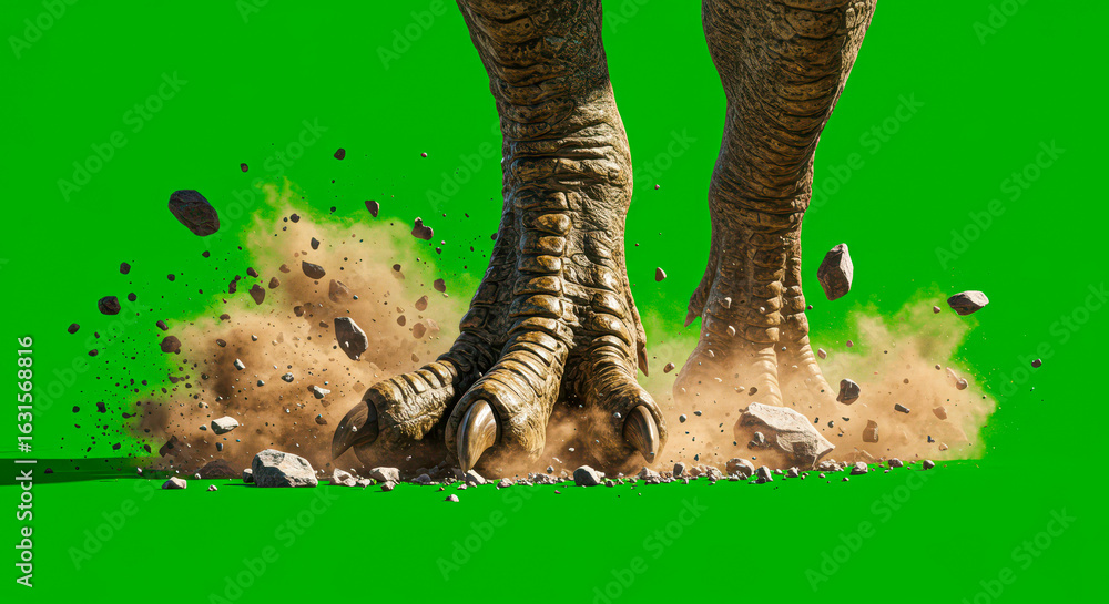 Fototapeta premium Close up of dinosaur legs stomping on the ground on green, green screen dinosaur