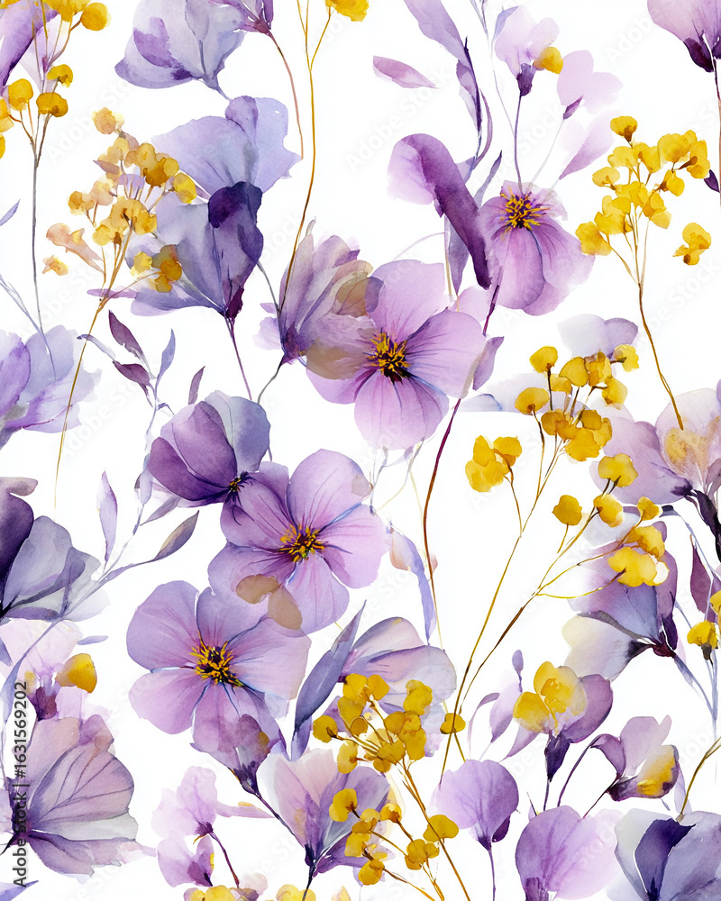 Obraz premium Seamless Watercolor Floral Pattern with Delicate Purple and Yellow Blossoms