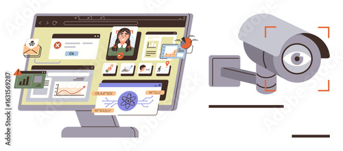 Computer monitor displays hacking warnings, malware, and security breaches with graphs and security visuals. Wall-mounted CCTV camera symbolizes surveillance. Ideal for online safety, data