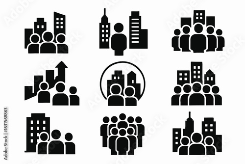 Urban Population – 12/16 Solid Black Silhouette Vector EPS Set Collection