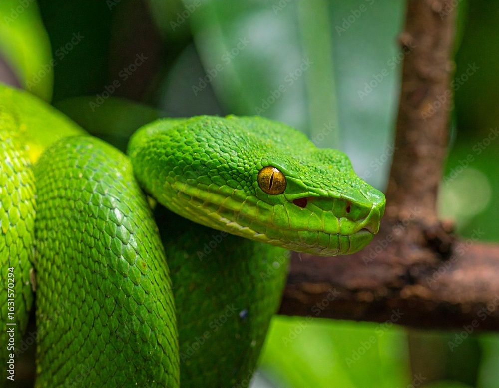 Obraz premium Intense close up of a green viper with fiery orange eyes in lush foliage