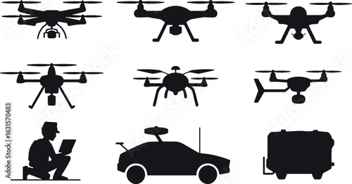 Drone silhouettes, UAV designs, aerial technology, laptop user, autonomous car, sensor device, tech equipment, drone variety, innovation concept, unmanned aircraftDrone silhouettes,