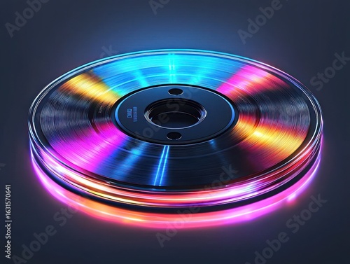 Circular, metallic disc with vibrant, neon light