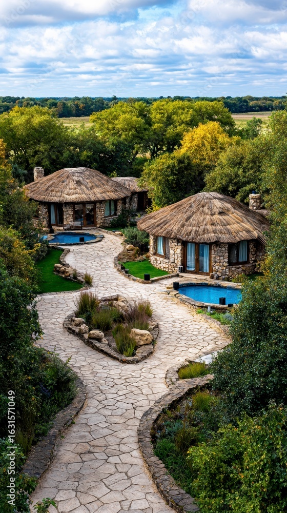 Fototapeta premium Luxury Stone Cabanas with Private Pools and Winding Stone Path