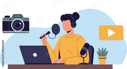 Illustration of content creator with laptop, microphone, camera, and video icon on blue background