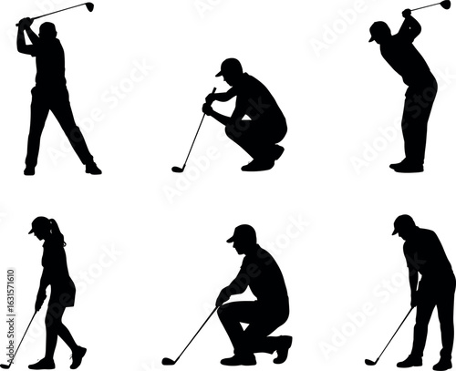 Golf player silhouette, swing pose, golf club, sports action, black vector, golfer stance, athletic movement, golf technique, silhouette setGolf player silhouette, swing pose
