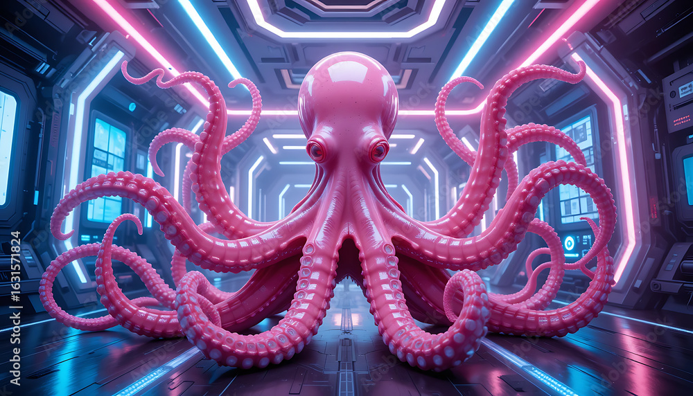 Fototapeta premium Pink octopus in futuristic neon lit corridor tentacles