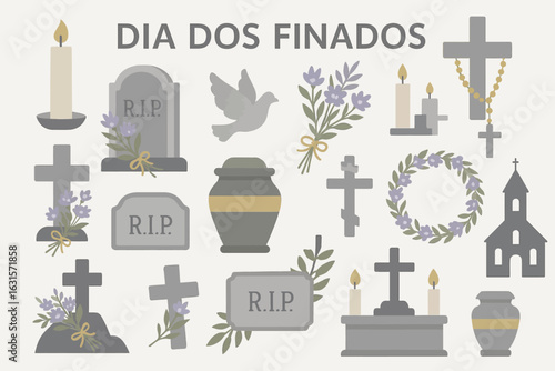 Memorial icon set for Dia dos Finados honoring remembrance, loss, and spiritual connection through symbols.