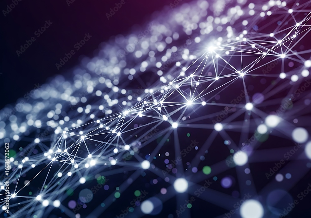 Obraz premium Abstract Network Connection: Glowing Nodes and Lines, Futuristic Technology Background, Digital Data Visualization