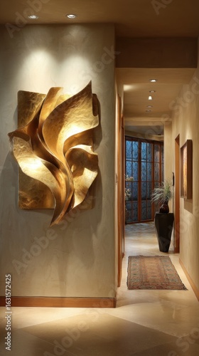 Elegant Modern Hallway with Abstract Gold Wall Sculpture and Persian Rug