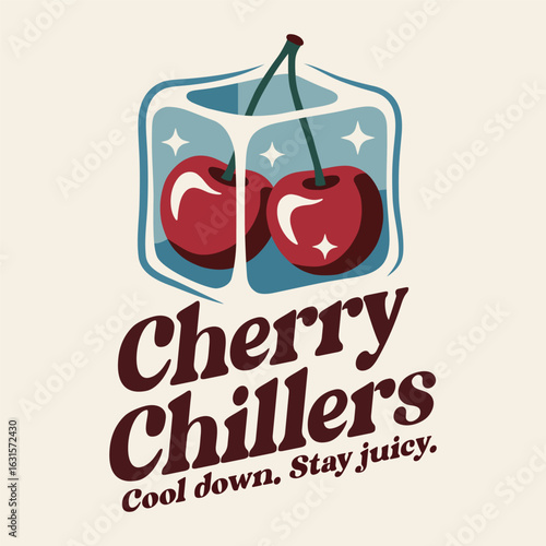 Cherry chillers retro slogan t-shirt design with juicy cherries and cool ice cube graphic