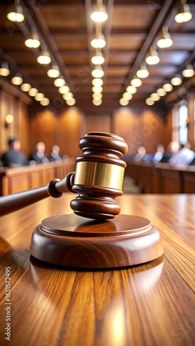 Gavel on a wooden table in a blurred courtroom