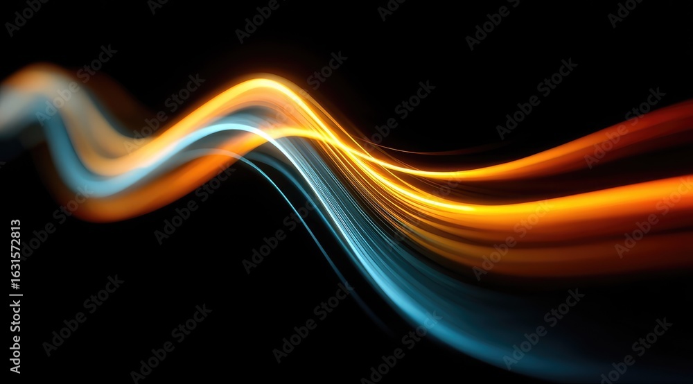 Obraz premium Abstract flowing light trails, orange and blue hues on black background
