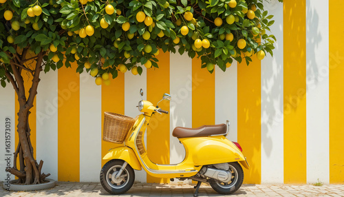 Bright and vibrant yellow retro scooter parked against a bold vertical yellow and white striped wall, lush green lemon tree with ripe yellow lemons hanging above