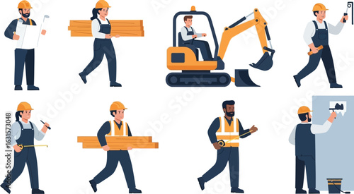 Construction workers performing various tasks including excavation and building construction work site