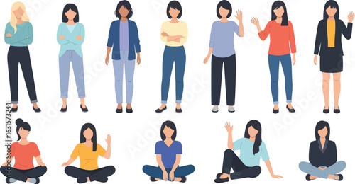 A group of diverse women standing and sitting in various poses and wearing casual and business attire