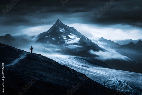 Lone Climber Ascends Majestic Misty Mountain Peak Under Gloomy Sky