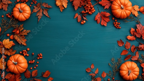 A vibrant autumn arrangement featuring pumpkins and colorful leaves against a teal background, perfect for seasonal decor and harvest themes.