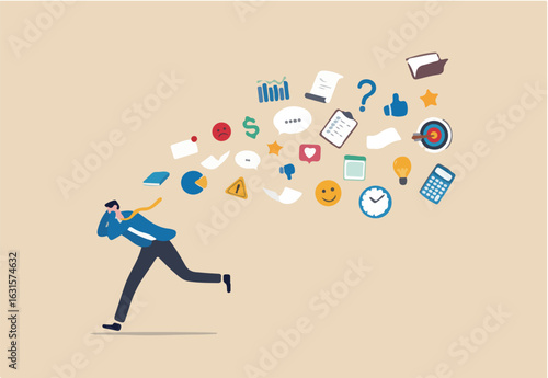 Information overload, excess distraction or overworked, overwhelmed data consume, problem with schedule or workload concept, frustrated businessman run away from flying social and work information