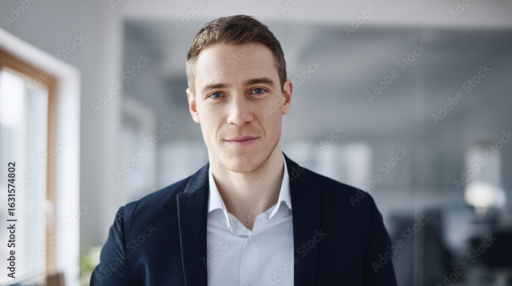 Fototapeta premium A professional man in a business suit and white shirt stands confidently outdoors in front of a modern glass facade,