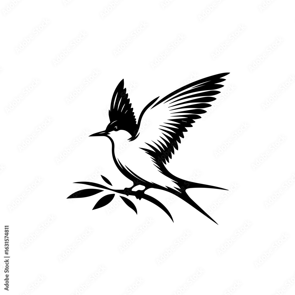 Fototapeta premium Stylized bird perched on a branch, isolated on white background