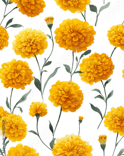 Wallpaper Mural Vibrant Yellow Marigold Inspired Flowers Seamless Pattern on White Background Watercolor Style Illustration for Design Torontodigital.ca