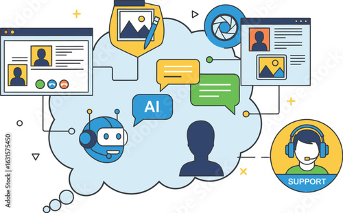 Illustration of ai chatbot, customer support, and digital content creation elements in cloud