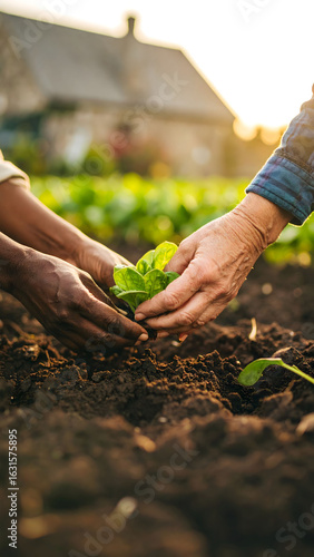 Plantando un huerto de verduras en comunidad con la luz del verano