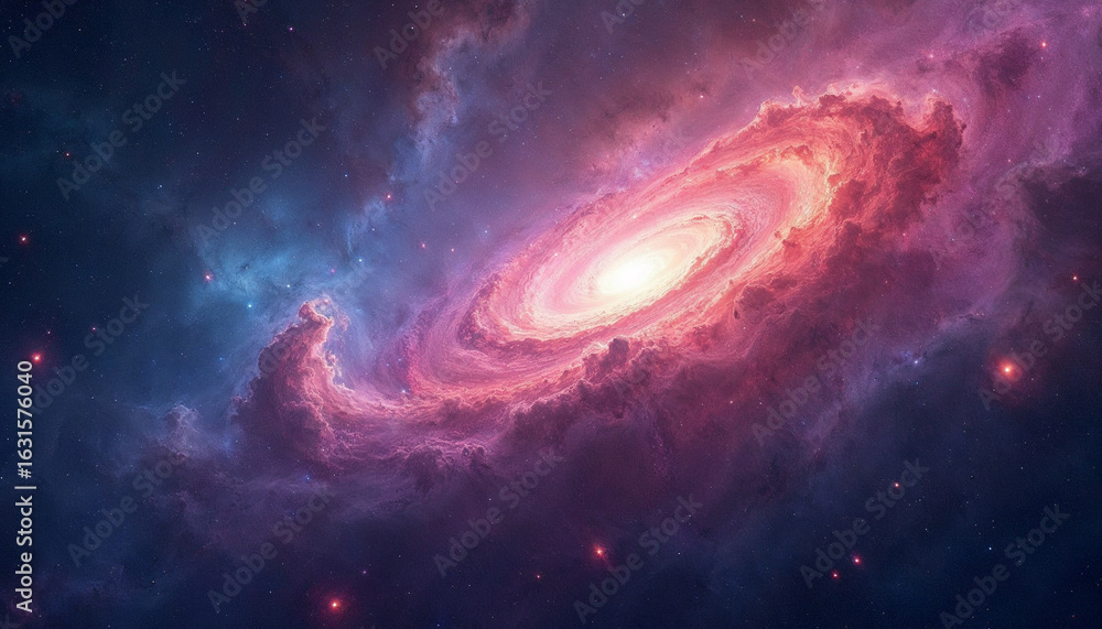 Obraz premium Vivid Galaxy: An extraordinary galaxy presents a mesmerizing cosmic vista, with swirling clouds of gas and dust, glowing with vibrant colors, offering a portal to the mysteries of the cosmos.