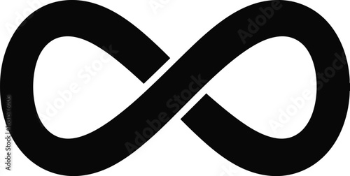 A simple black infinity symbol with smooth curves representing endlessness and continuity on white background silhouette