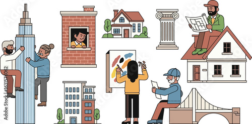 Illustrated scene of people interacting with buildings and architectural structures design style