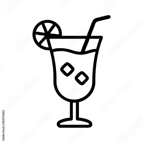 Outline drawing of a cocktail glass with ice cubes, a straw, and a lemon slice on the edge of the glass
