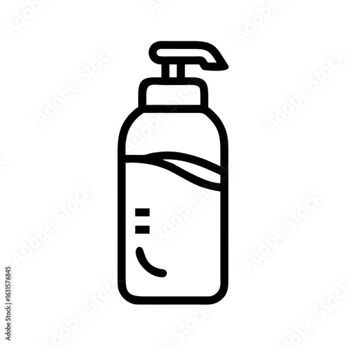 Illustration of a bottle with a pump dispenser containing liquid and a minimalist face design on it
