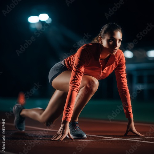 girl in a position in preparation ready to start running in a race or training evenight session