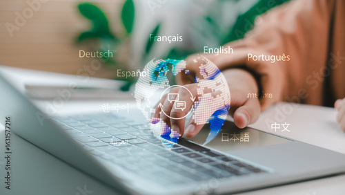 Finger touching laptop with AI-powered multilingual interface, symbolizing global communication, language translation, localization technology, and intelligent international connectivity.