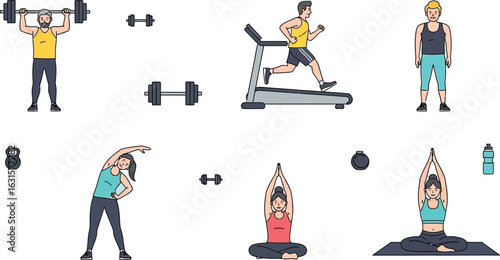 Illustration of people exercising with weights treadmill and yoga poses on a light blue background