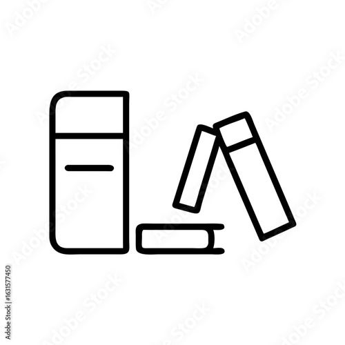 Outline illustration of a stack of books with one standing upright and others leaning on each other nicely