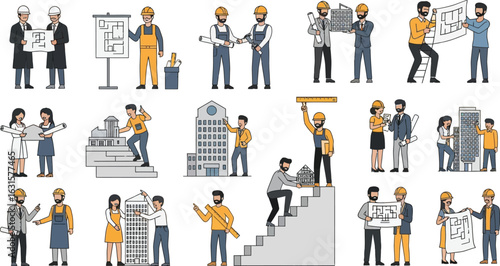A collection of illustrations depicting architects and construction workers in various scenarios and poses