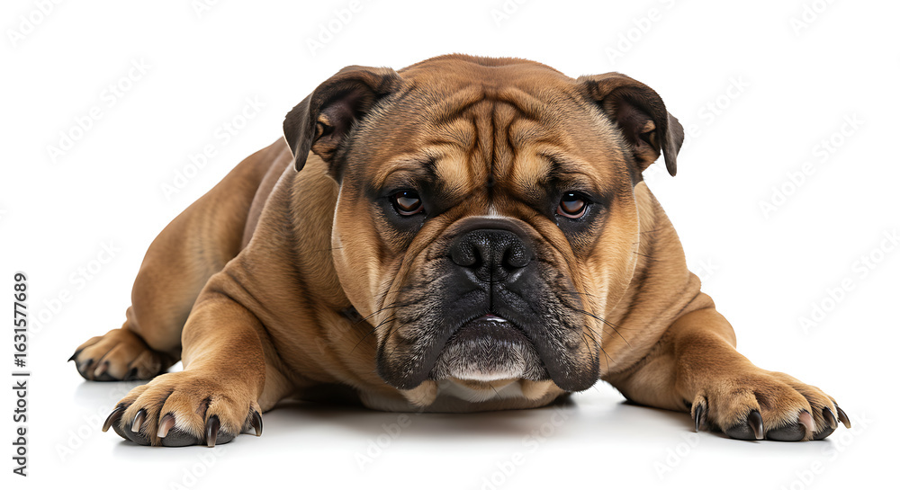 Fototapeta premium English bulldog relaxing with a grumpy yet lovable expression on white background