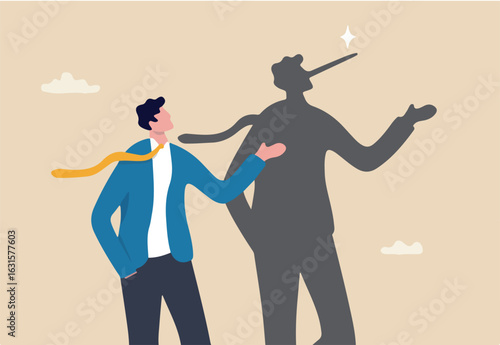Honesty or trust, liar, fake or business fraud, integrity or telling the truth, false information, cheating or hiding the truth concept, dishonesty businessman lying with Pinocchio long nose shadow.
