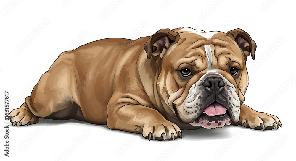 Fototapeta premium English bulldog relaxing with a grumpy yet lovable expression on white background