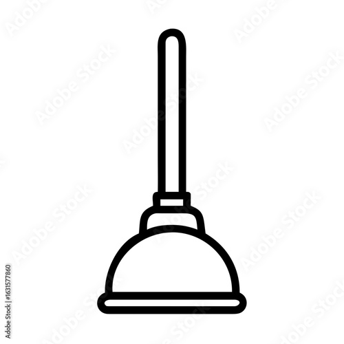 Illustration of a black outline plunger with a long handle and a rounded cup shape on a white background