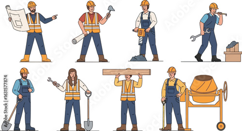 Illustrations of construction workers in various roles with tools and equipment on a white background
