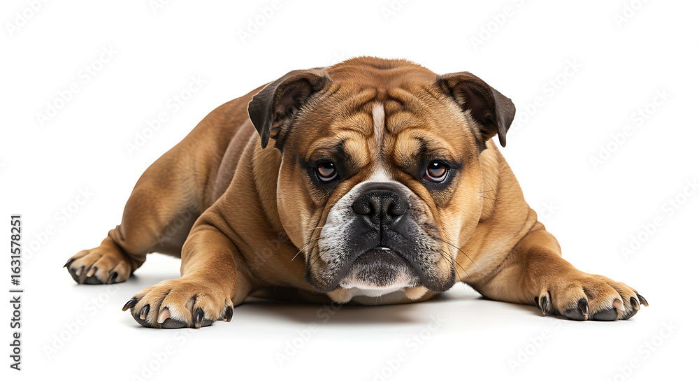 English bulldog relaxing with a grumpy yet lovable expression on white background English bulldog relaxing with a grumpy yet lovable expression on white background