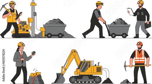 Illustrations of miners working with tools and equipment in various mining activities scenes isolated