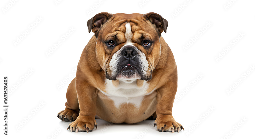 Obraz premium English bulldog relaxing with a grumpy yet lovable expression on white background