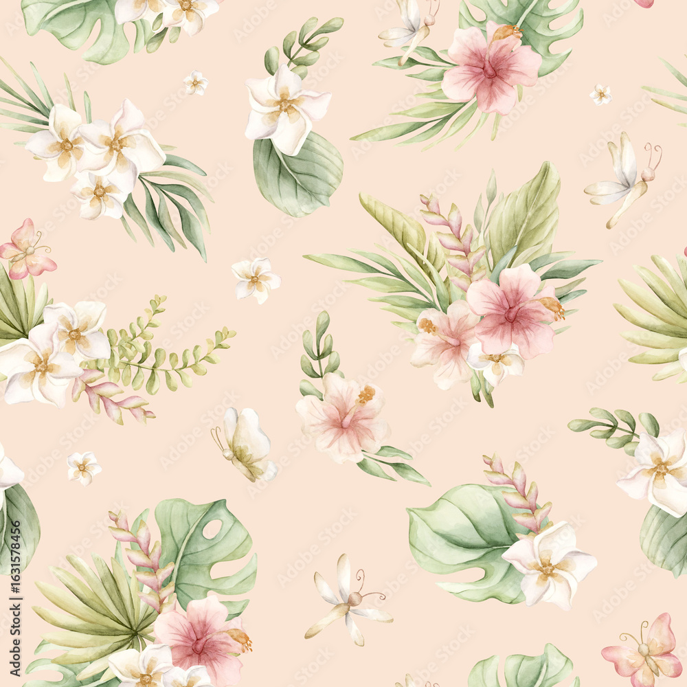 Obraz premium Tropical Hibiscus Plumeria Flowers Exotic green plants Watercolor hand painted summer seamless pattern pink background