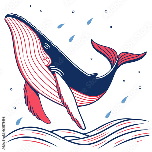 Stylized humpback whale breaching out of the water isolated on white background